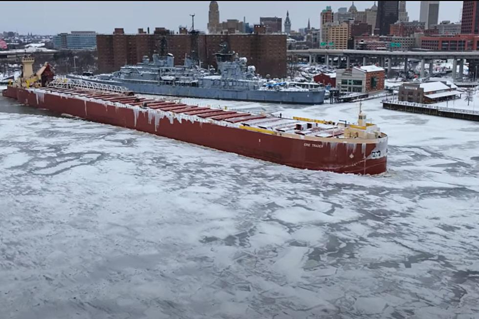 Shipping Barge Stuck In Ice Near Canalside In Western New York