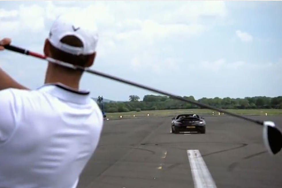 Watch Professional Golfer Jake Shepherd Hit a Ball Into a Moving Mercedes Benz SLS AMG Roadster