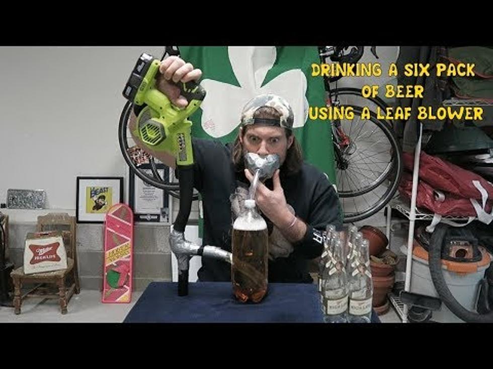 Man Drinks 6 Beers in 40 Seconds Using a Leaf Blower