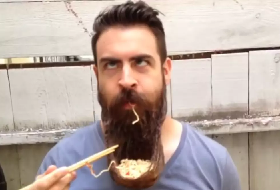 Man Eats Noodles Out of Beard Bowl