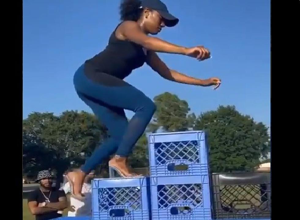 Woman Does Milk Crate Challenge in 4&#8243; Heels