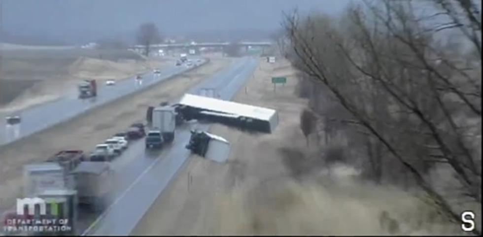 Yikes! Video Shows 9 Semis Blown Over on I-35 in Minnesota from Stormy Conditions