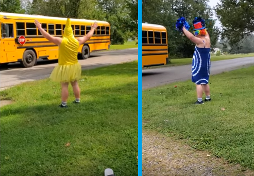 A Dad Wears Silly Costumes While Greeting His Kids At Bus Stop