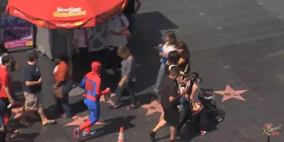 Jimmy Kimmel Spoofs Spider man Thief on Hollywood Boulevard [VIDEO]