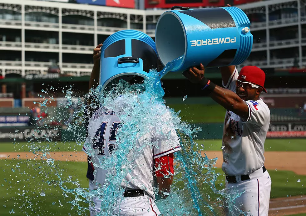 Elvis Andrus Has a Funny Moment Before His Powerade Bath the Other Night