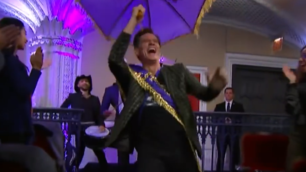 Jim Carrey Channels Louisiana Mardi Gras for Late Show Entrance