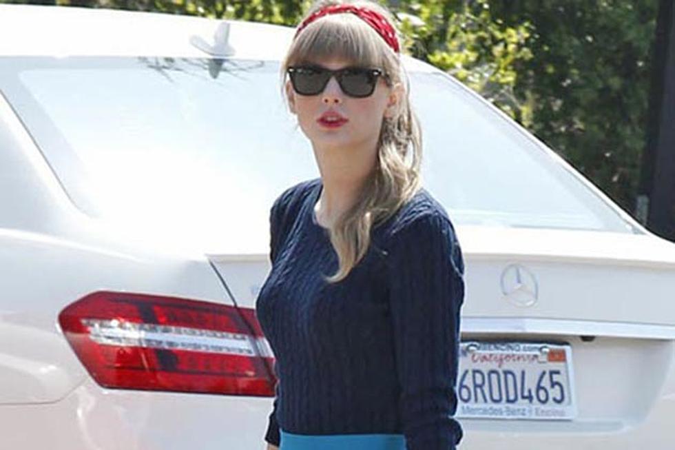 Taylor Swift Channels ’50s Good Girl in Blue Skirt and Sweater – Get the Look