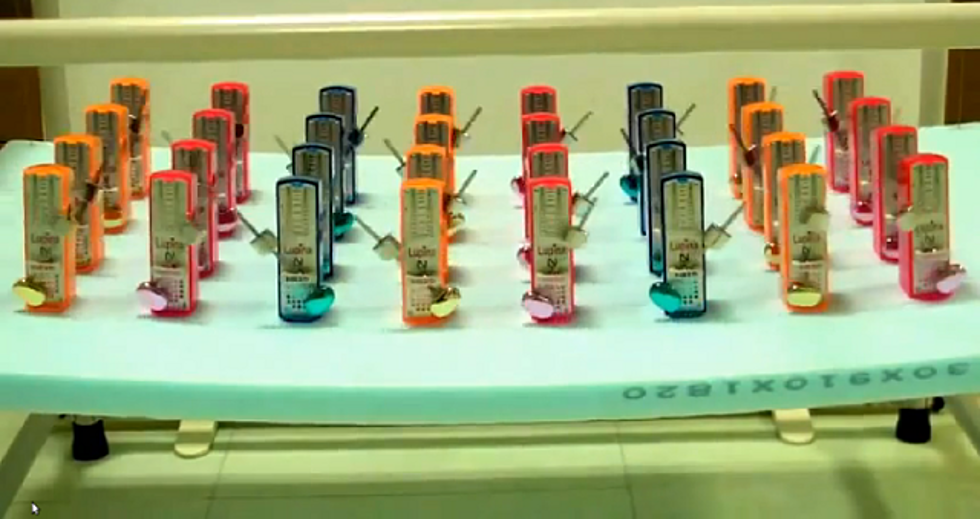 Thirty Two Metronomes Sync Up Over Time In Video