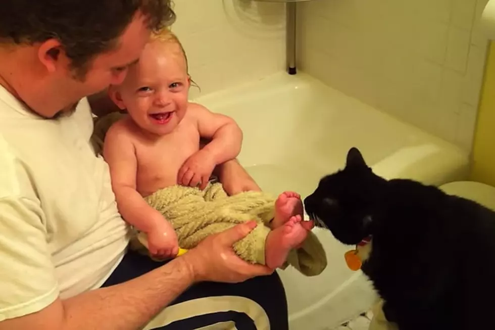 Just a Baby Deliriously Amused by a Cat Licking His Toes