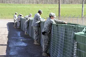 National Guard Erecting Protective Barriers Against Flood