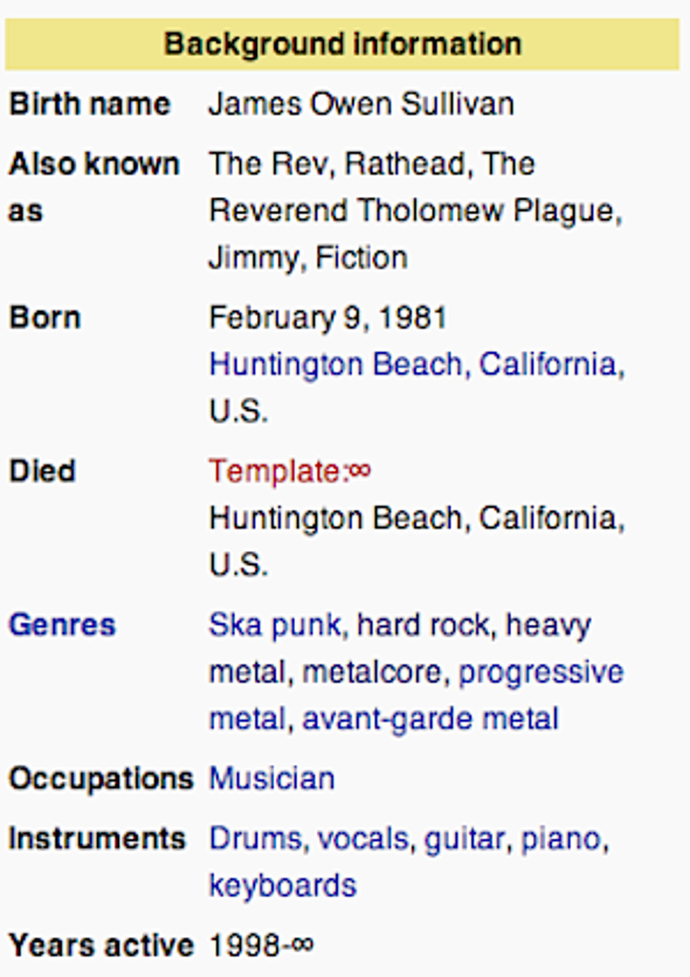 Avenged Sevenfold&#8217;s James &#8216;The Rev&#8217; Sullivan Temporarily Declared Immortal on Wikipedia