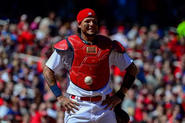 Yadier Molina Has Ball Stick To Chest Protector &#8211; VIDEO