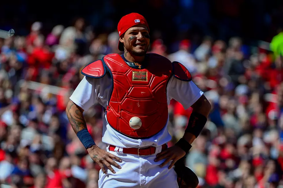 Yadier Molina Has Ball Stick To Chest Protector – VIDEO