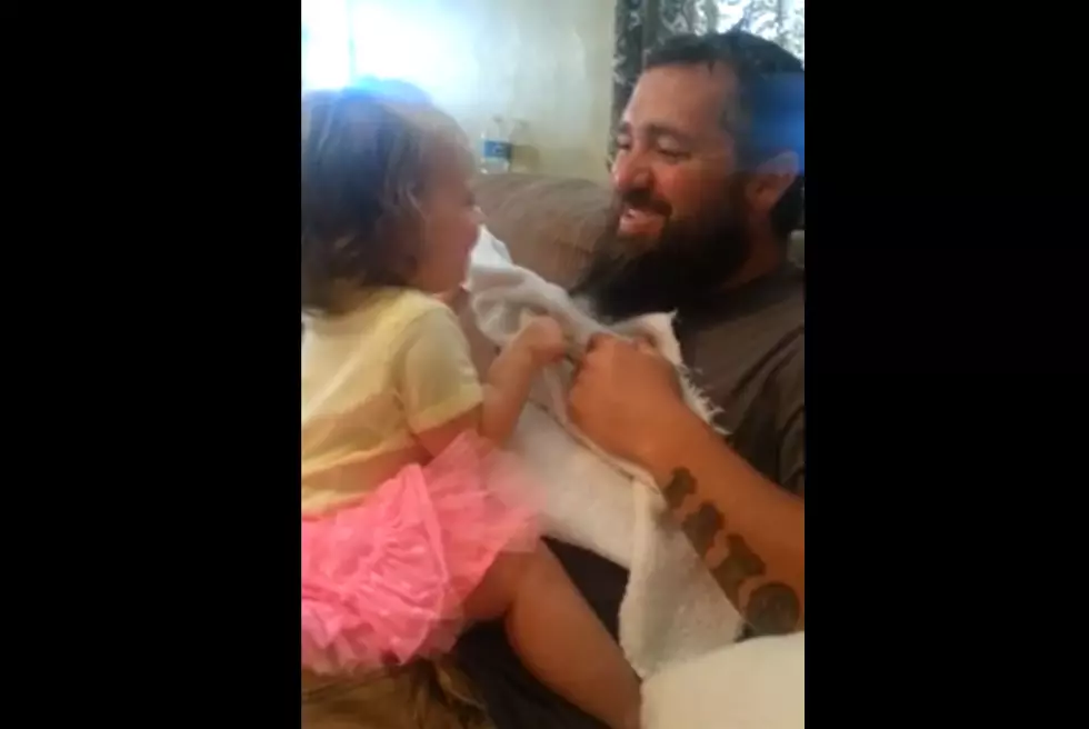 Little girl gets surprised playing Peek-a-boo with dad