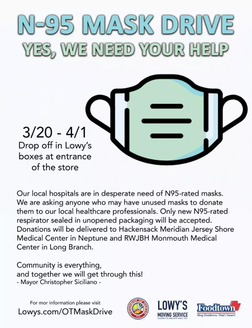 Lowy’s Moving Company Organizing N95 Mask Drive Throughout JS