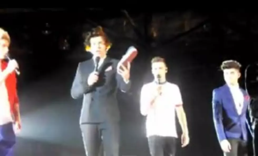 One Direction&#8217;s Harry Styles&#8217; Man Parts Assaulted by Shoe [VIDEO]