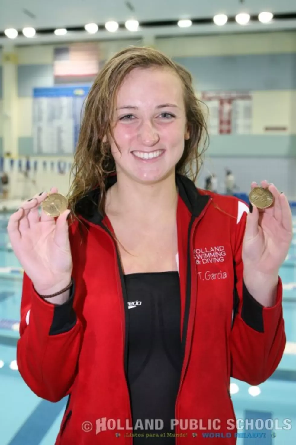 Taylor Garcia won a pair of individual titles at the MHSAA Division 2 Lower Peninsula girls' swimming and diving championships in Holland on Saturdayl (Photo: J.R. Valderas/Holland Public Schools)