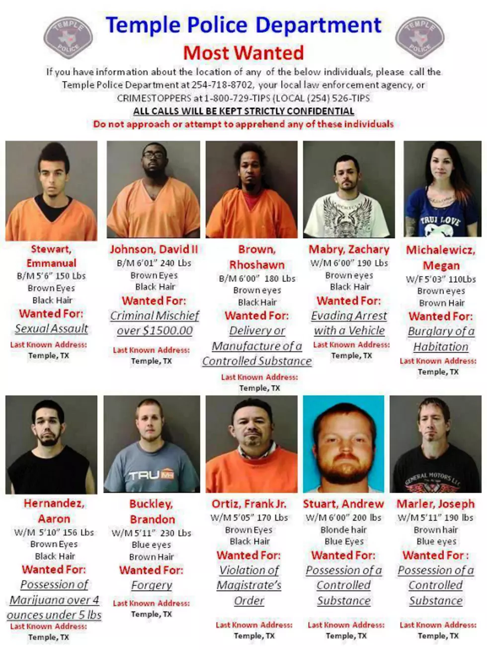 Temple Police Department Updates Top 10 Most Wanted List