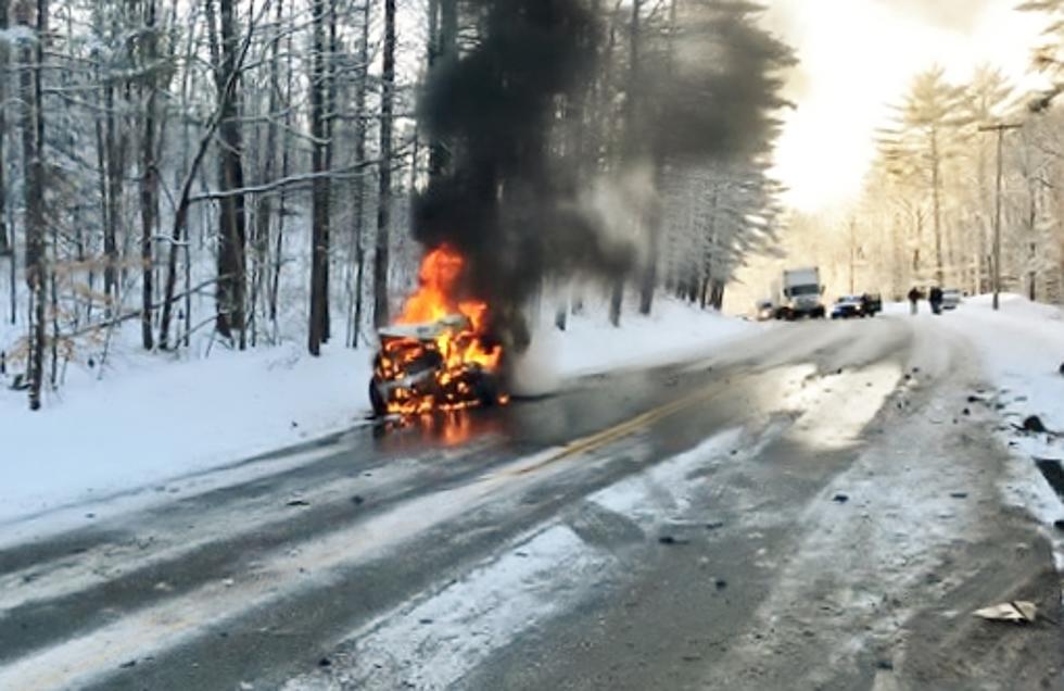 Pickup Truck Destroyed in Fire after Hitting Oil Truck in Hiram, Maine