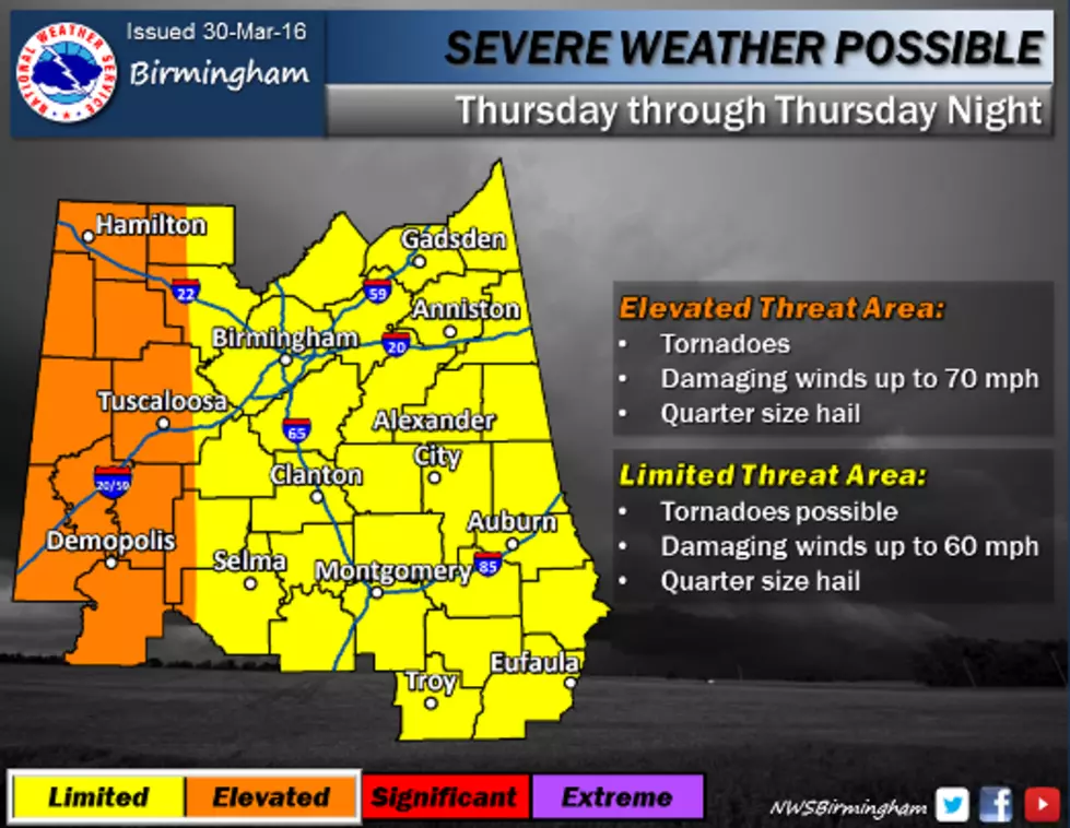 Severe Storms, Tornadoes Possible in Alabama Tomorrow