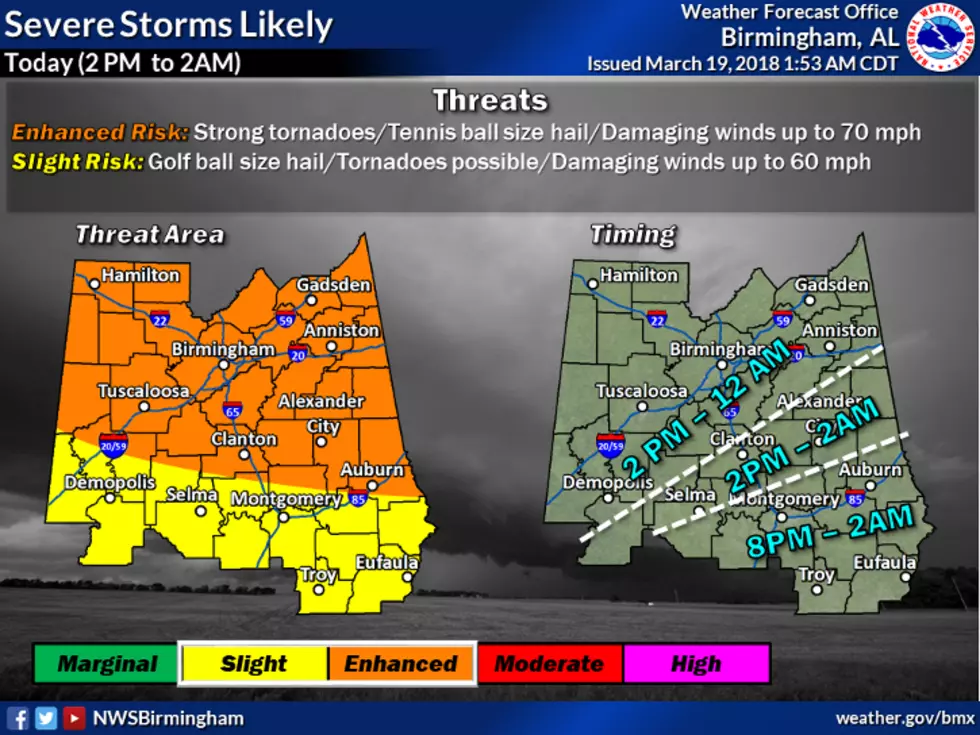 Strong Tornadoes, Severe Storms Possible In Alabama This Afternoon and Tonight