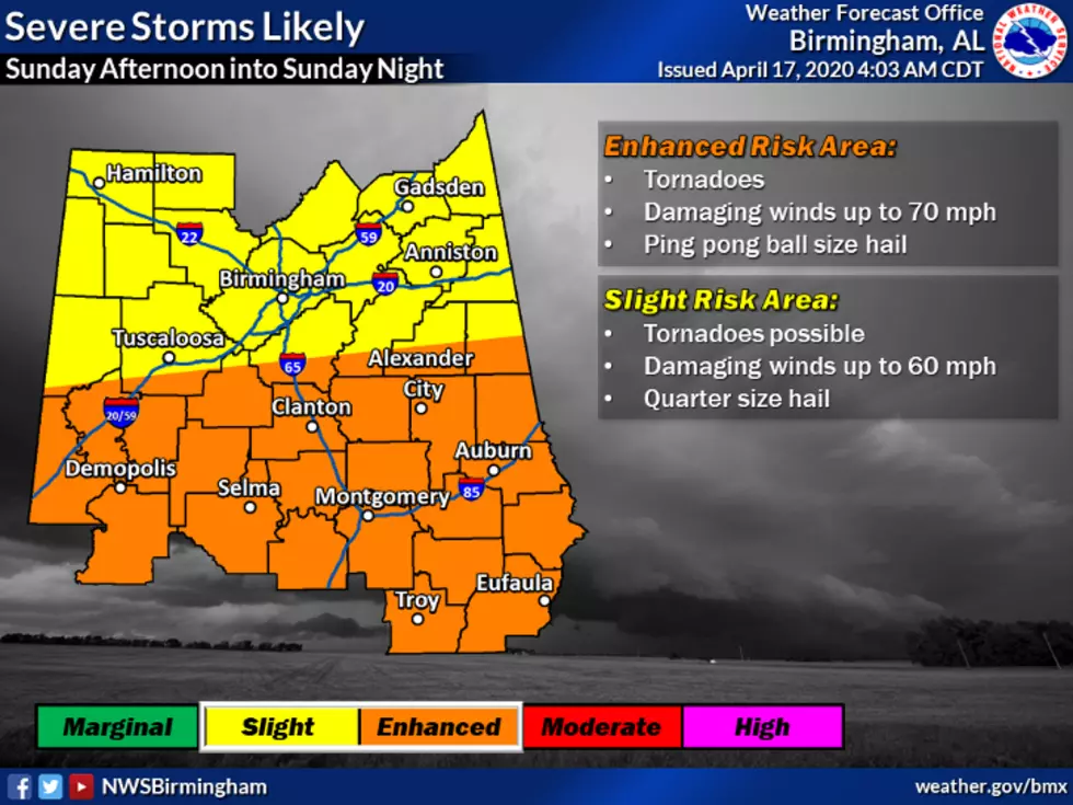 Severe Storms, Tornadoes Possible Across Alabama Sunday
