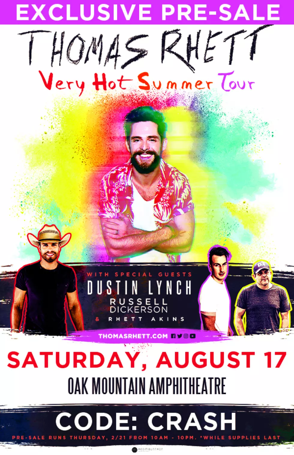 Get EXCLUSIVE pre-sale tickets to see Thomas Rhett at the Oak Mountain Amphitheater
