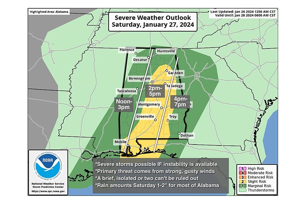 Damaging Winds, Brief Tornadoes Possible on Saturday in Alabama