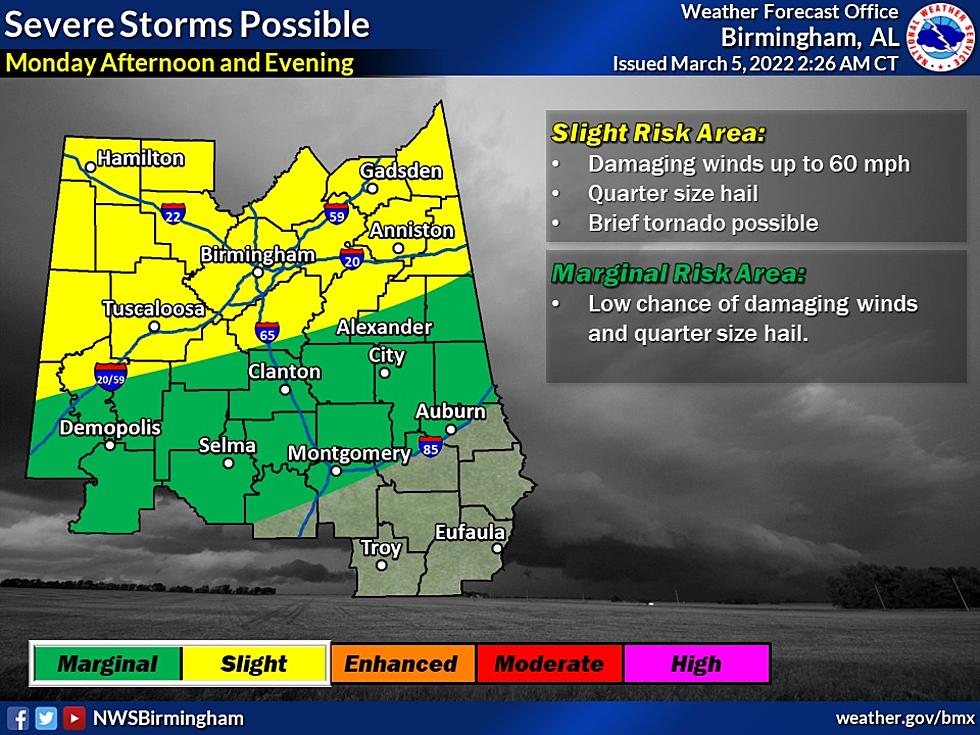 Central, West Alabama Upgraded to Slight Risk for Severe Weather on Monday