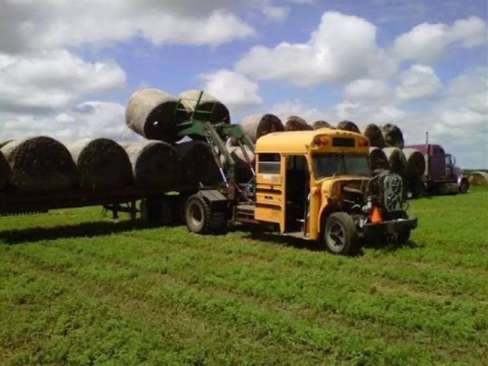 School Bus Turned into Hay Bale Loader on South Dakota Farm