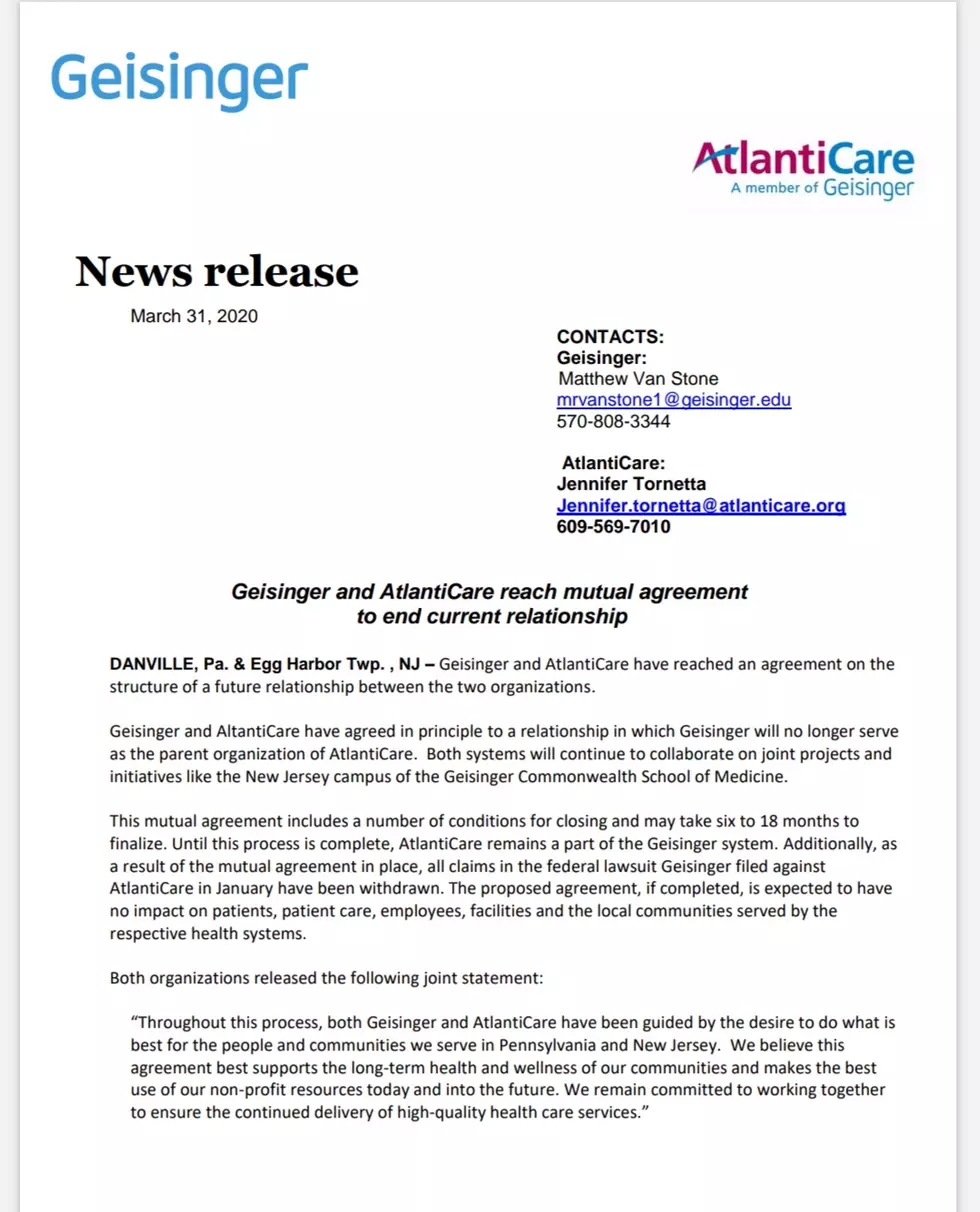 Geisinger and AtlantiCare Reach Agreement To End Relationship