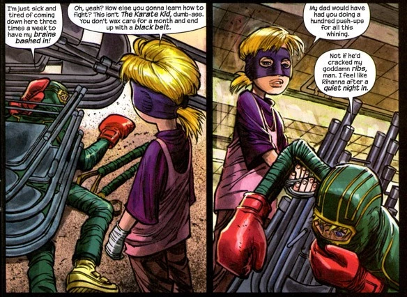 She hit him so hard she knocked him back to when that Rihanna reference was topical (Kick Ass 2 #1 p 3)