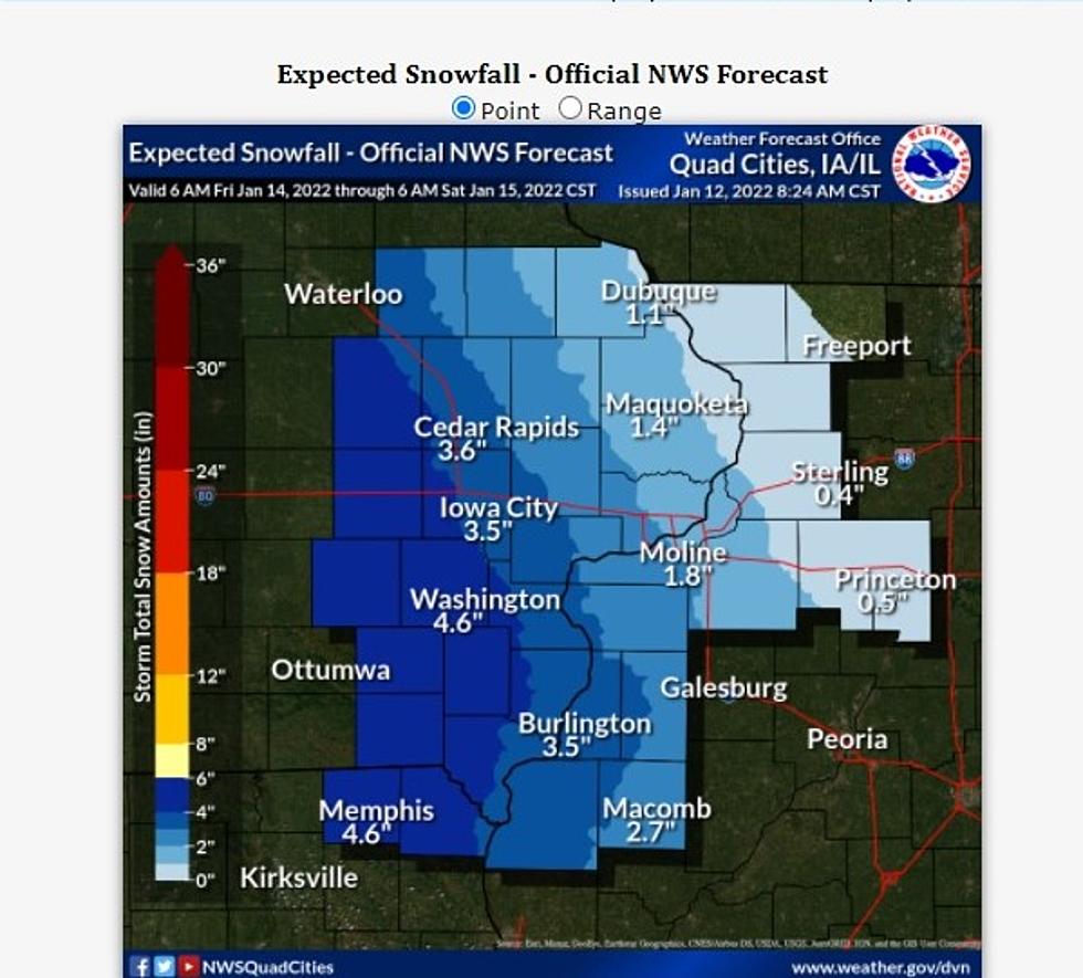 Expected Dubuque Area Snow Total Friday-Saturday, 01-14-15, 2022