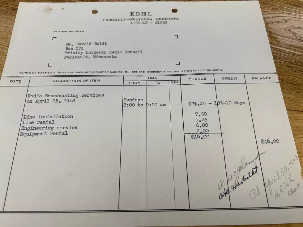 KDHL Radio 1948 Invoice for Trinity Lutheran Faribault Church Broadcasts. Photo by Gordy Kosfeld