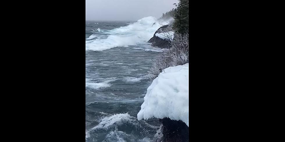 Waves Crashing Against Icy Lake Superior Shore at Copper Harbor, Michigan