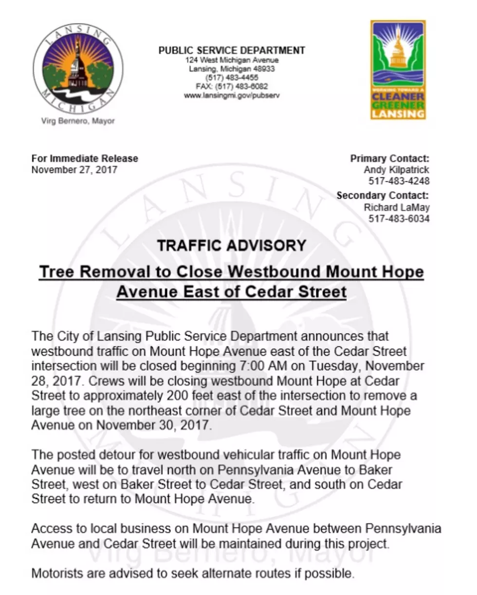 Lansing Traffic Note: Mt. Hope and Cedar Tree Removal Closes Road