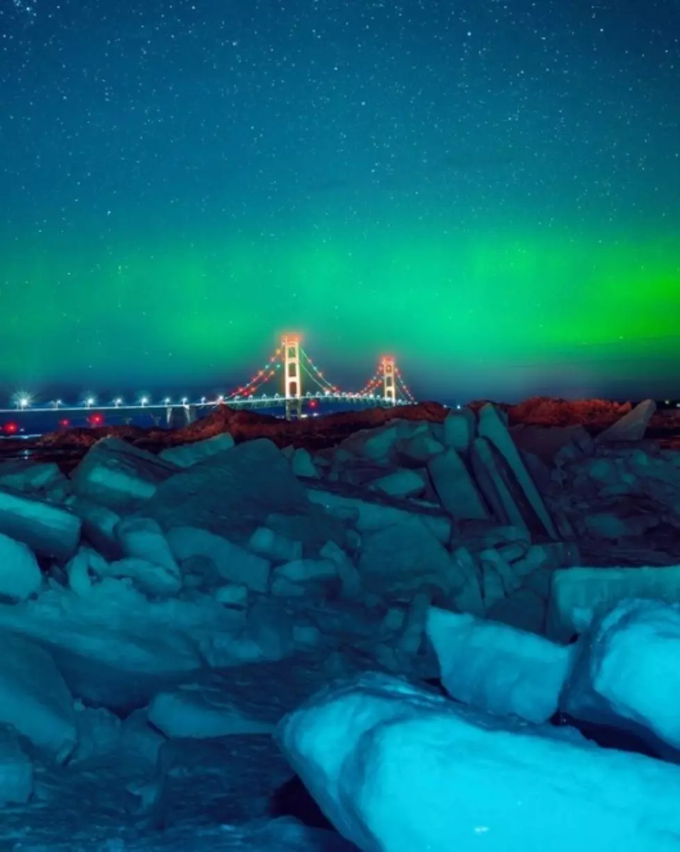 Power Trio of Northern Lights, Blue Ice, Mackinac Bridge – WOW!