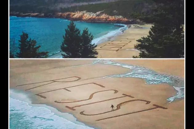 Message Appears in 25 Foot Letters on a Beach at Acadia National Park