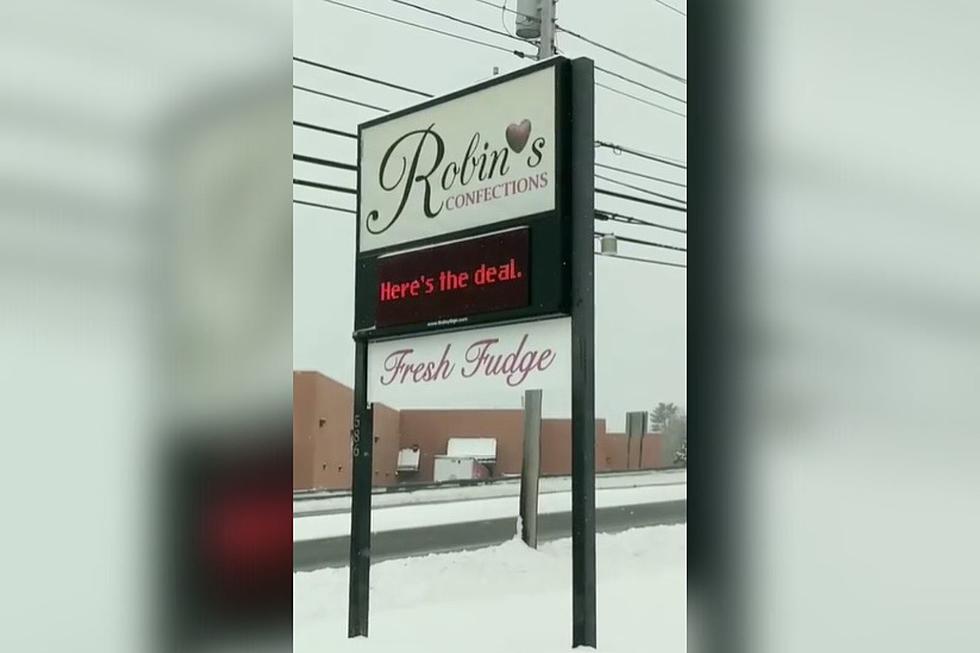 Hilarious Snow Day Deal Offered on Robin’s Confections Sign in Biddeford, Maine