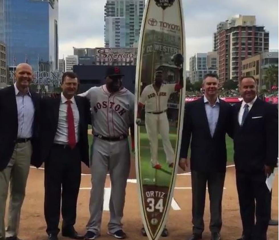 Don Orsillo Helps Present Big Papi With A Surfboard