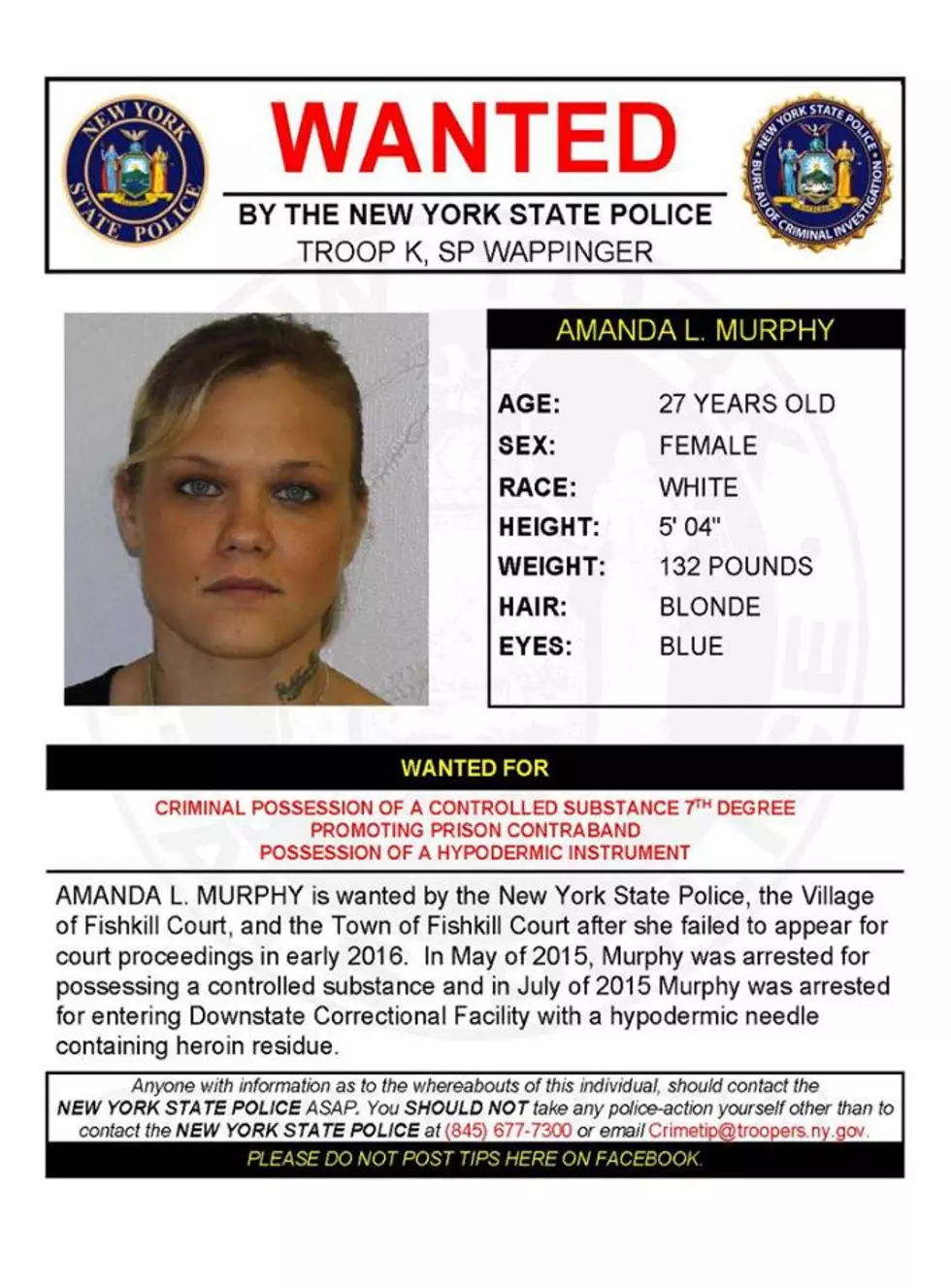 Warrant Wednesday: Dutchess County Woman Wanted For Promoting Prison Contrabrand