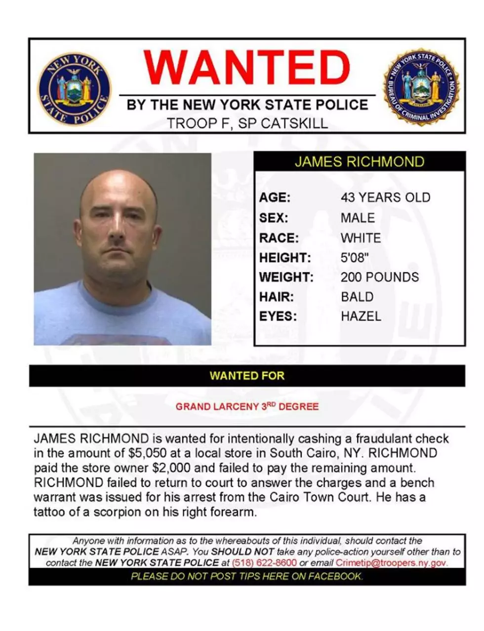 Warrant Wednesday: Ulster County Man Wanted For Grand Larceny