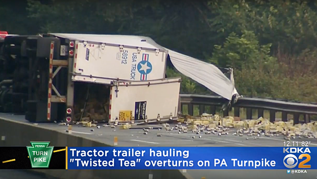 Tractor Trailer Overturns On PA Turnpike, Spills Load of Twisted Tea