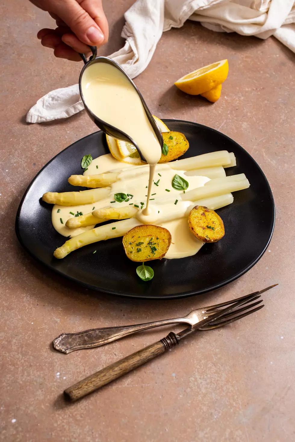 Asparagus and Potatoes with Homemade Vegan Hollandaise Sauce
