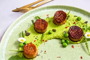 Easy King Oyster Mushroom Scallops With Minty Green Peas
