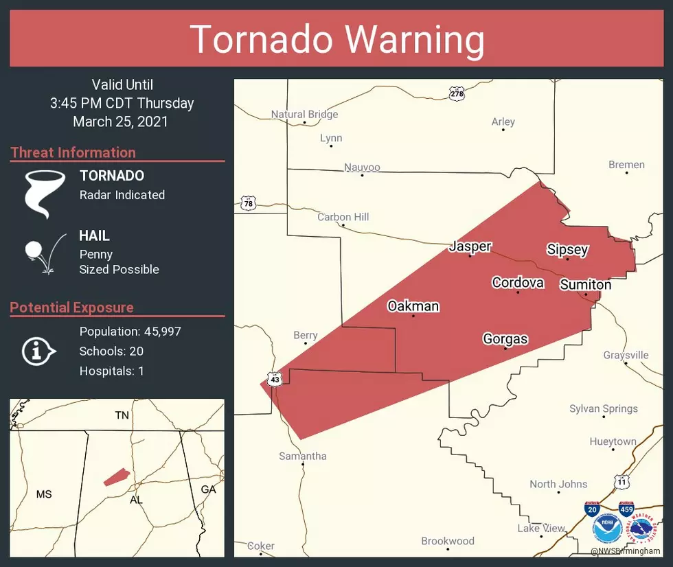 TORNADO WARNING Issued for Tuscaloosa, Walker, and Fayette Counties Until 3:45 PM