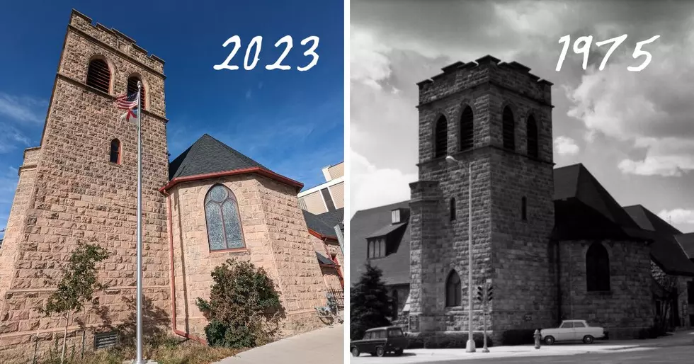 A 1975 photo of St. Mark's Church compared to today. Credit: Wyoming State Historic Preservation Office & Phylicia Peterson, TSM Cheyenne/Casper