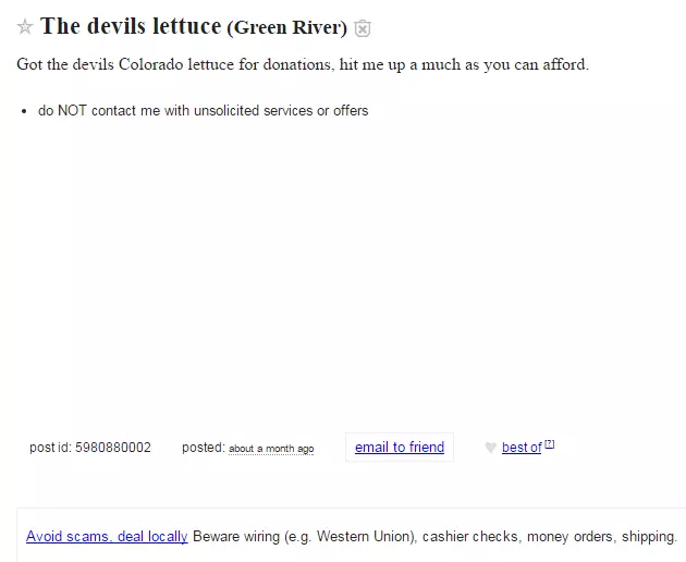 Someone Is Giving Away Devil S Lettuce On Wyoming Craigslist For