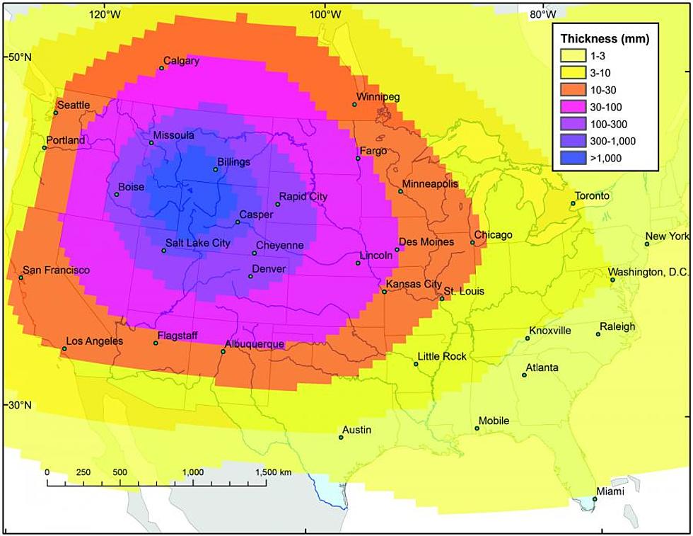 Map Shows How Much Ash Could Fall on Casper if Yellowstone Erupts