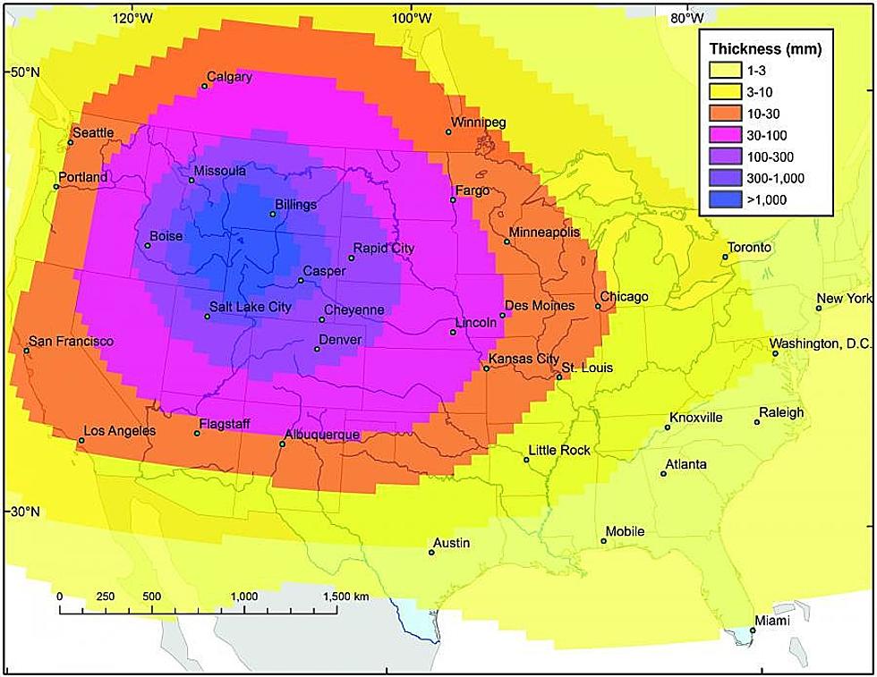 Map Shows How Much Ash Could Fall on Casper if Yellowstone Erupts